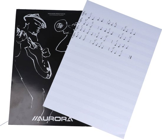 Aurora muziekpapier met een zwart vel met jazzmuzikanten en een stapel muziekpapier met notenbalken.