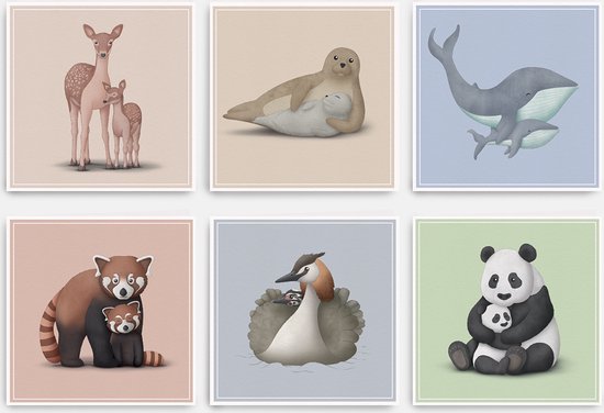 Wenskaarten - Geboorte - Set van 6 - Gevouwen kaarten Vol.2 - Inclusief enveloppen - Geboortekaarten - Neutrale kaarten - Zonder tekst - Dieren - Moederdag - Vaderdag - Verjaardagskaarten - Baby cadeau - inikini