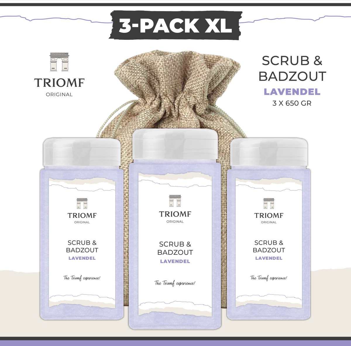Scrub & Badzout - Lavendel - 3 stuks - 650 gram - Triomf Cosmetica | Luxe Wellness Scrubzout Body Peeling Hammam Hydraterende Lichaamsscrub Sea Salt Bodyscrub Verzorgings Giftset van 3 Zeezout Huidverzorging Douche Sauna Bad