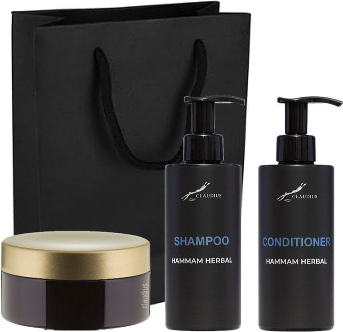Goedkoopste Douchepakket Hammam Herbal - Shampoo Conditioner Scrubzout 300 gram - 300 ml per fles - set van 3 stuks - met luxe gift tas - kerst cadeau - giftset voor hem en haar