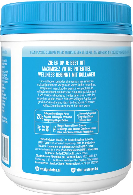 Vital Proteins - 10 tot 20 gram Peptiden Rundercollageen - Gehydrolyseerd - Neutrale Smaak - Type I en III - Suikervrij - 567 Gram