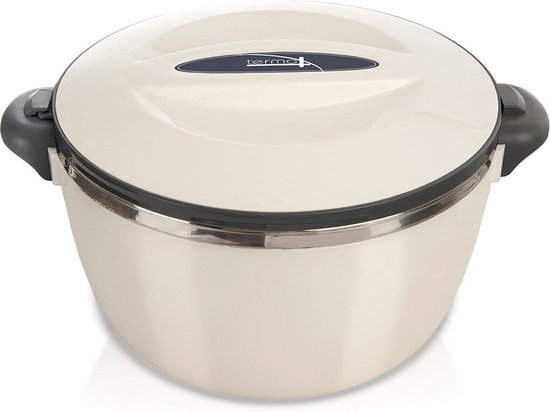 Contenant thermique crème en acier inoxydable avec poignées noires et couvercle crème fermé avec logo bleu foncé.