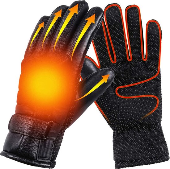 Zwarte, verwarmde handschoenen met rode biezen en antislip handpalm, met oranje verwarmingsweergave.