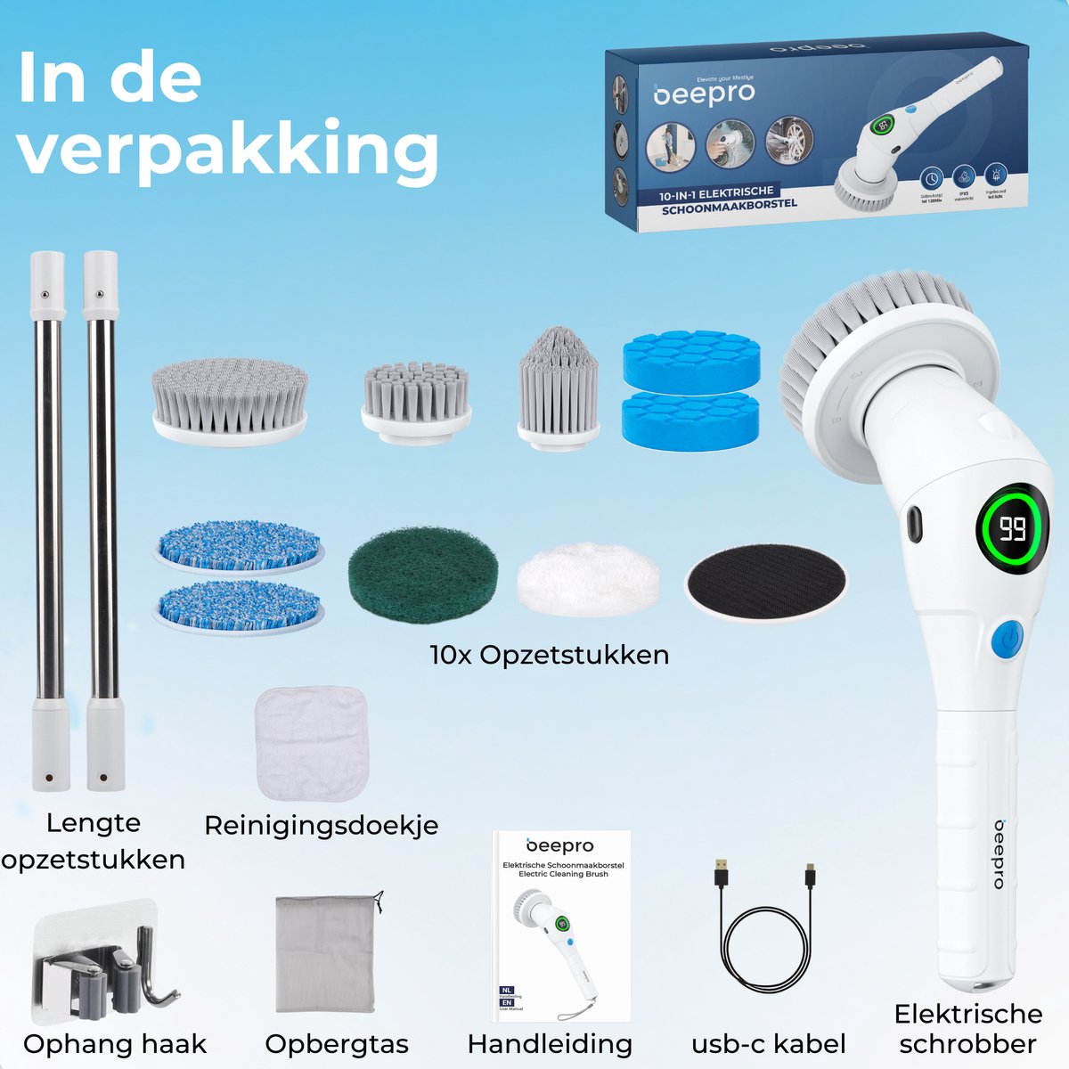 9 in 1 Elektrische Reinigungsbürste mit Verstellbarem Griff, Haomacro Putzbürste Elektrisch Spin Scrubber mit 9 austauschbaren Bürsten für Toilette, Badewanne, Küche, Boden(2 Geschwindigkeiten