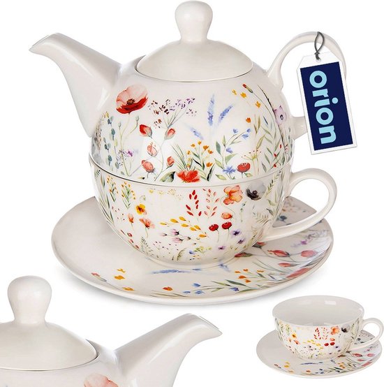 Witte theepot met kop en schotel, versierd met kleurrijke klaprozen en veldbloemen.