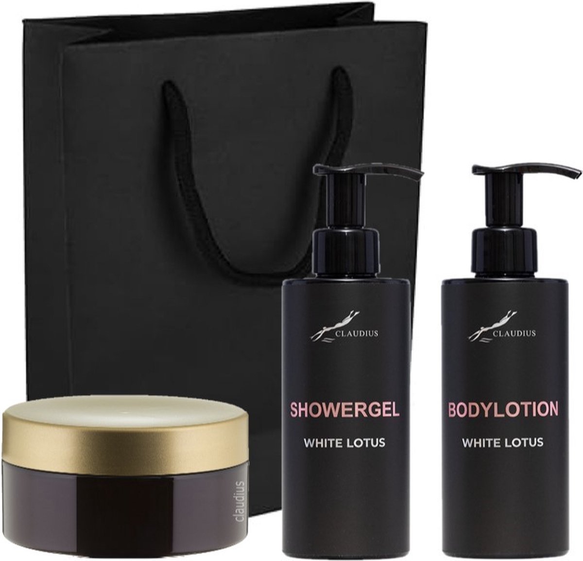 Goedkoopste Douchepakket White Lotus - Showergel Bodylotion Scrubzout 300 gram - 300 ml per fles - set van 3 stuks - met luxe gift tas - kerst cadeau - giftset voor hem en haar
