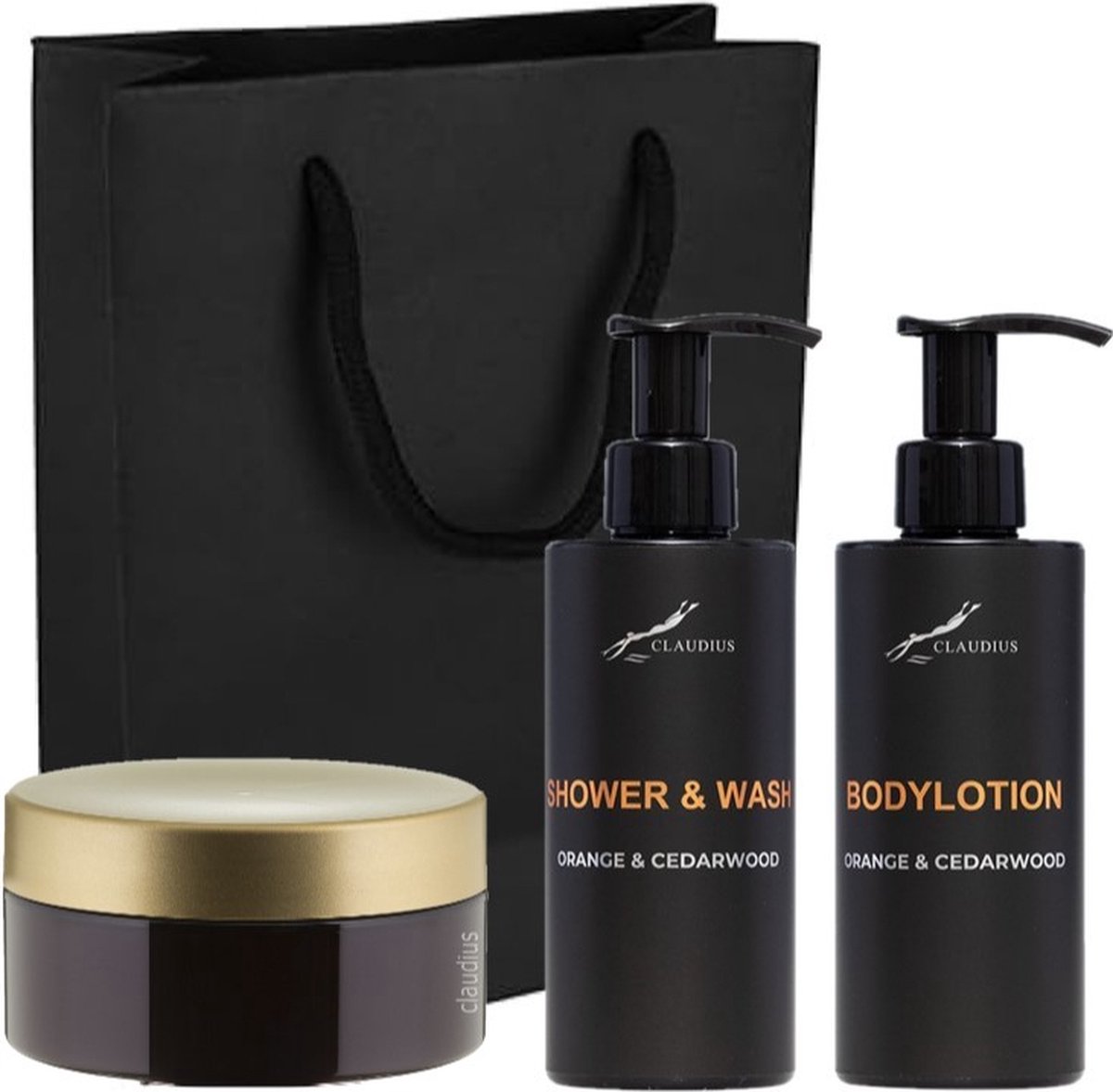 Goedkoopste Douchepakket Sweet Orange & Cedarwood - Shower & wash Bodylotion Scrubzout 300 gram - 300 ml per fles - set van 3 stuks - met luxe gift tas - kerst cadeau - giftset voor hem en haar