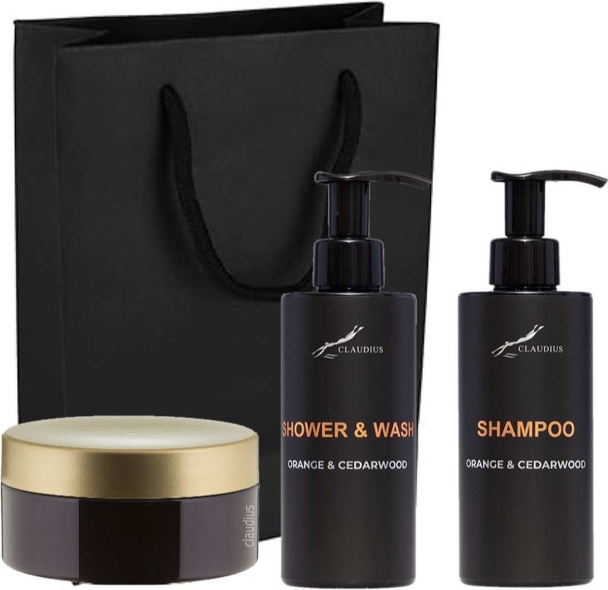 Goedkoopste Douchepakket Sweet Orange & Cedarwood - Shower & Wash Shampoo Scrubzout 300 gram - 300 ml per fles - set van 3 stuks - met luxe gift tas - kerst cadeau - giftset voor hem en haar