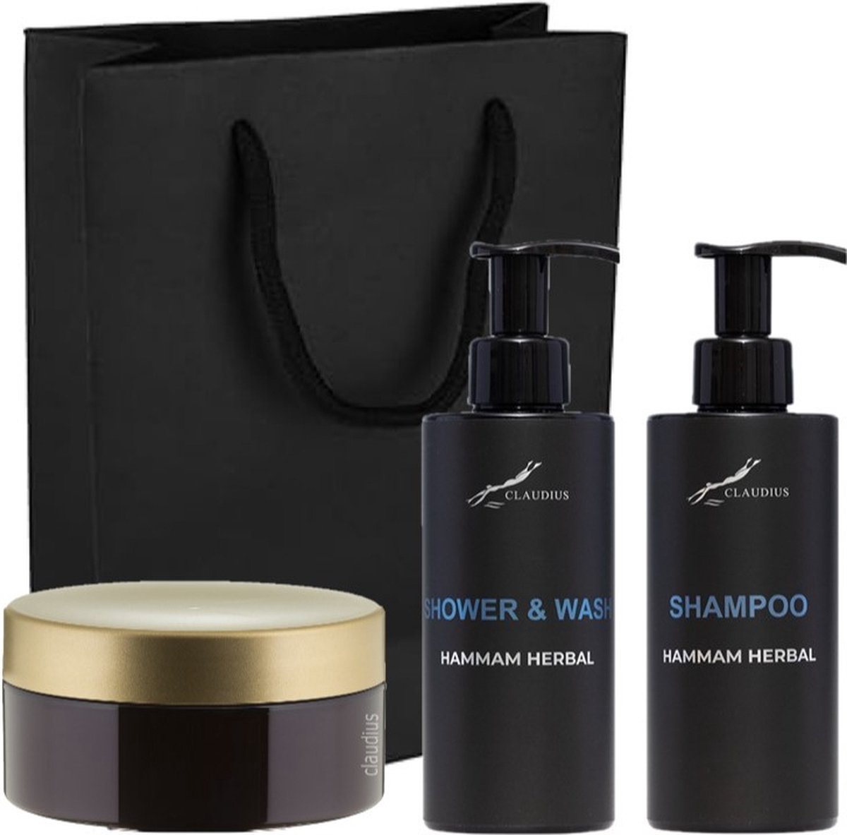 Goedkoopste Douchepakket Hammam Herbal - Shower & Wash Shampoo Scrubzout 300 gram - 300 ml per fles - set van 3 stuks - met luxe gift tas - kerst cadeau - giftset voor hem en haar