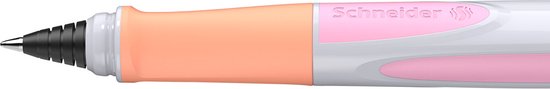 Schneider rollerball pen met perzikkleurige grip, roze accenten en het Schneider logo.