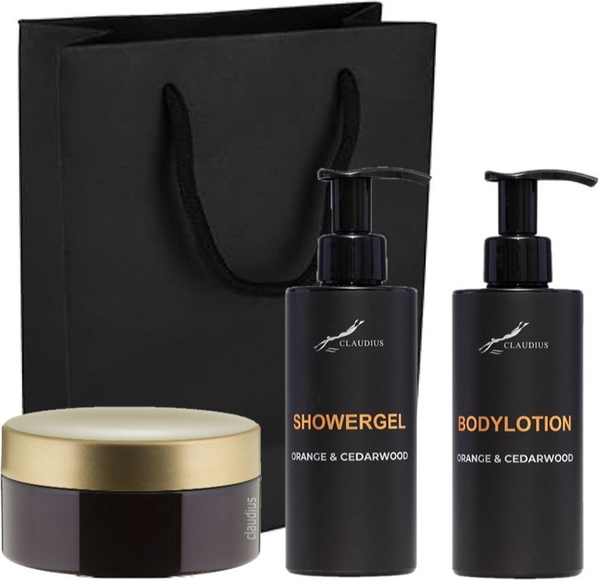 Goedkoopste Douchepakket Sweet Orange & Cedarwood - Showergel Bodylotion Scrubzout 300 gram - 300 ml per fles - set van 3 stuks - met luxe gift tas - kerst cadeau - giftset voor hem en haar