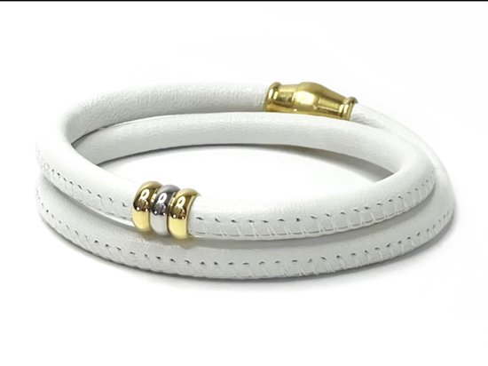 COOLSTEELANDBEYOND Double Brin - Herenarmband van verweven leer - leer - bedels van roestvrij staal, magneetsluiting, Wit leer, Geen edelsteen