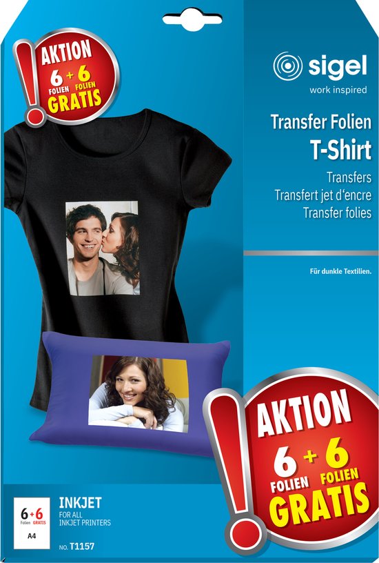 Pakking voor Sigel transferfolie met zwart t-shirt en kussen met foto's, "Aktion 6+6 Folien Gratis".