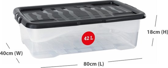 Boîte de rangement plate transparente 42L | Boîte de rangement sous le lit | Boîte à vêtements