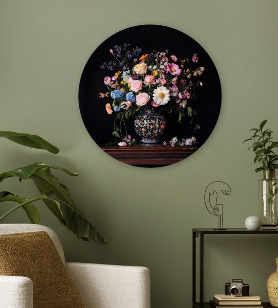 WallCircle® Cercle mural 60x60 cm - Cercle mural Vase à fleurs - Bois - Fleurs - Bouquet - Décoration murale murale salon - Décoration murale chambre - Accessoires de décoration de chambre - Tableaux ronds