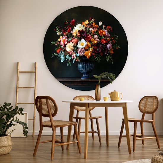 WallCircle® Wandcirkel 140x140 cm - Muurcirkel Groot - Bloemen - Vaas - Boeket - Muurdecoratie woonkamer - Wanddecoratie slaapkamer - Kamer decoratie accessoires - Ronde schilderijen