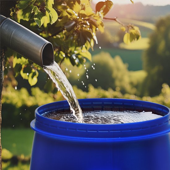 Water wordt in een blauw kunststof vat gegoten vanuit een regenpijp. Zicht op landschap.