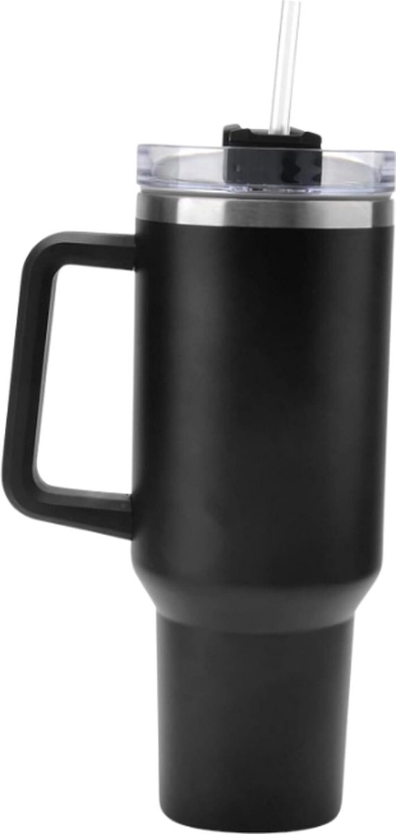 Thermosbeker - 900 ml - Zwart - Voor Koude EN Warme Drankjes - thermosfles - Incl Rietje - RVS
