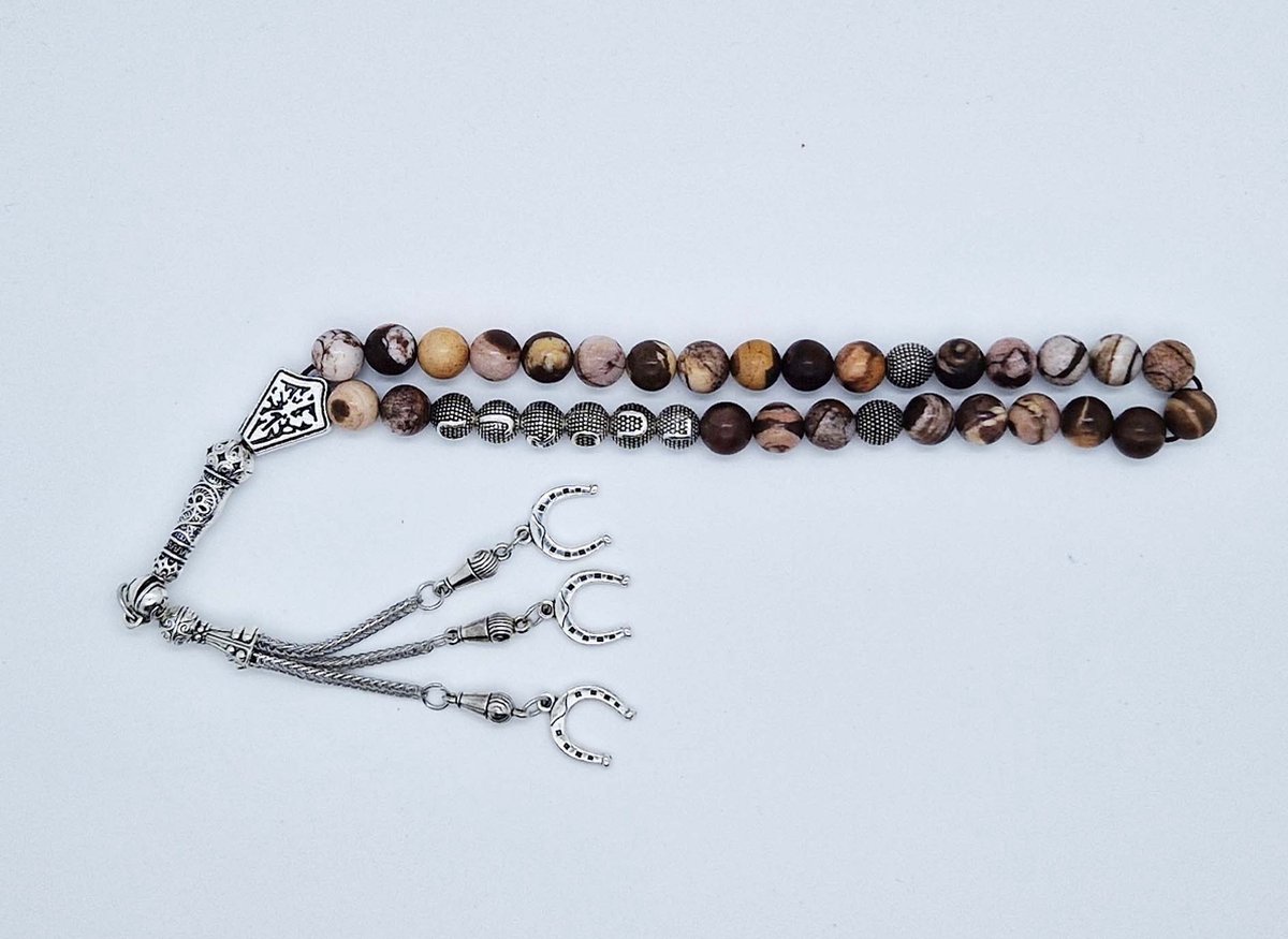 Handgemaakte naam tasbih 33 Kralen Natuursteen “Australia zebra jasper” - met metaal tassel “Hoefijzer"- Met je naam of de naam van uw geliefde- 8 mm diameter van de korrel