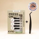 Doos KYRO Beauty Press On Lashes Whispy Extreme met 33 clusters in 4 lengtes, applicatietang en informatie over 'No Glue Needed'.