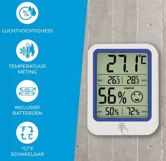 Witte hygrometer met blauw accent, LCD-scherm toont 27.1°C en 56% luchtvochtigheid. Iconen voor luchtvochtigheid, temperatuur, batterijen en °C/°F schakelaar.