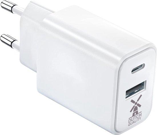 Dutch Quality® USB C Adapter oplader USB stekker - Telefoon oplader - Snellader - 20W- USB A & USB C - Geschikt voor Apple iPhone 16/15/14/13/12/11/X/XS/XR/SE/Mini/Pro/Max - Geschikt voor Samsung vanaf modelreeks Galaxy S8 / Note8 - Oplaadblok USB