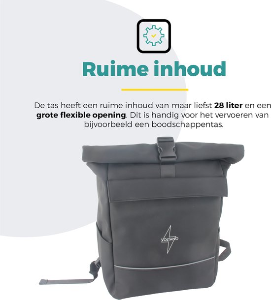 Voltano Luxe E-bike Rolltop Fietstas / Rugtas 28L - Zwart - Enkele Pakaftas - 100% Waterdicht - Gratis Schouderband - Groot Laptop Vak van Voltano — afbeelding 3