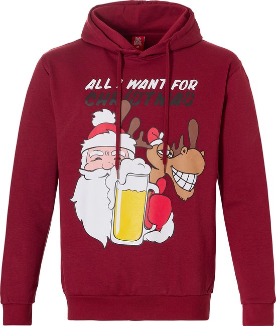 Heren Kersttrui Met Capuchon Kerst Print Rood - Maat XL