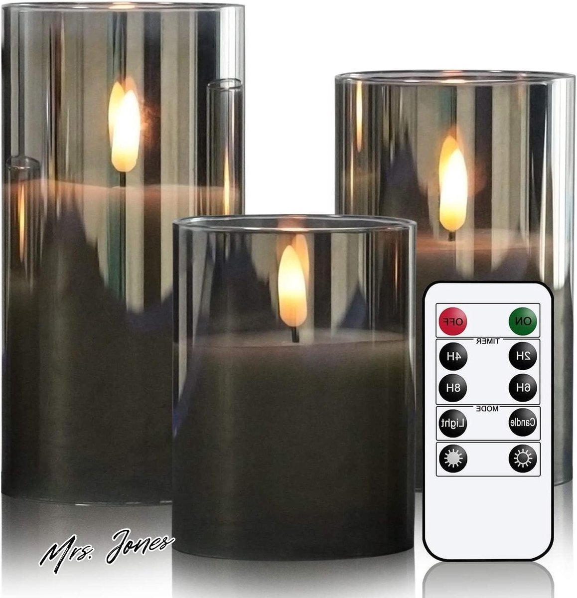 Mrs. Jones Vlamloze Grijze LED kaarsen met afstandsbediening en timer set van 3 - Eldnacele bewegende lont met batterijen - warm lichtkaars - 75 cm x 10/12/15 cm . Multi-color