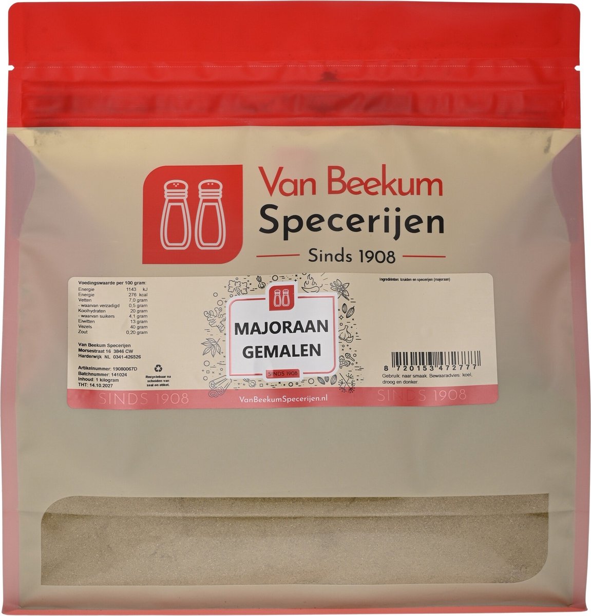 Van Beekum Specerijen - Majoraan Gemalen - 1 KG (hersluitbare stazak)
