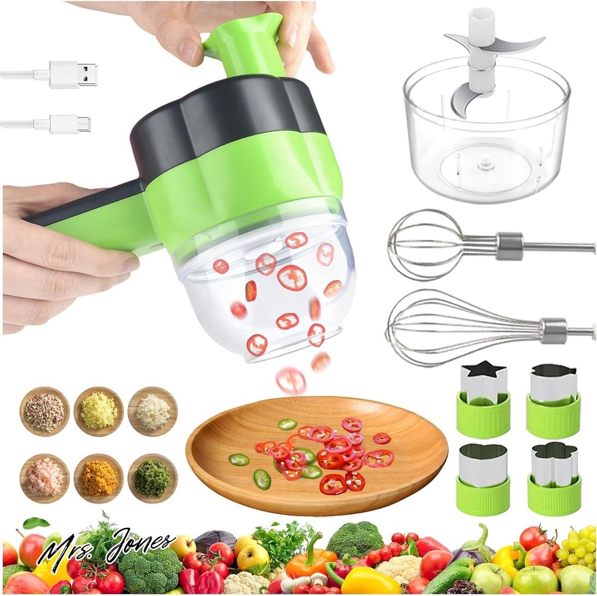 Mrs. Jones Elektrische Knoflookmolen Mini USB Opladen Groentesnijder Set - Draagbare Kleine Keukenmachine voor Gember Chili Fruit Vlees .