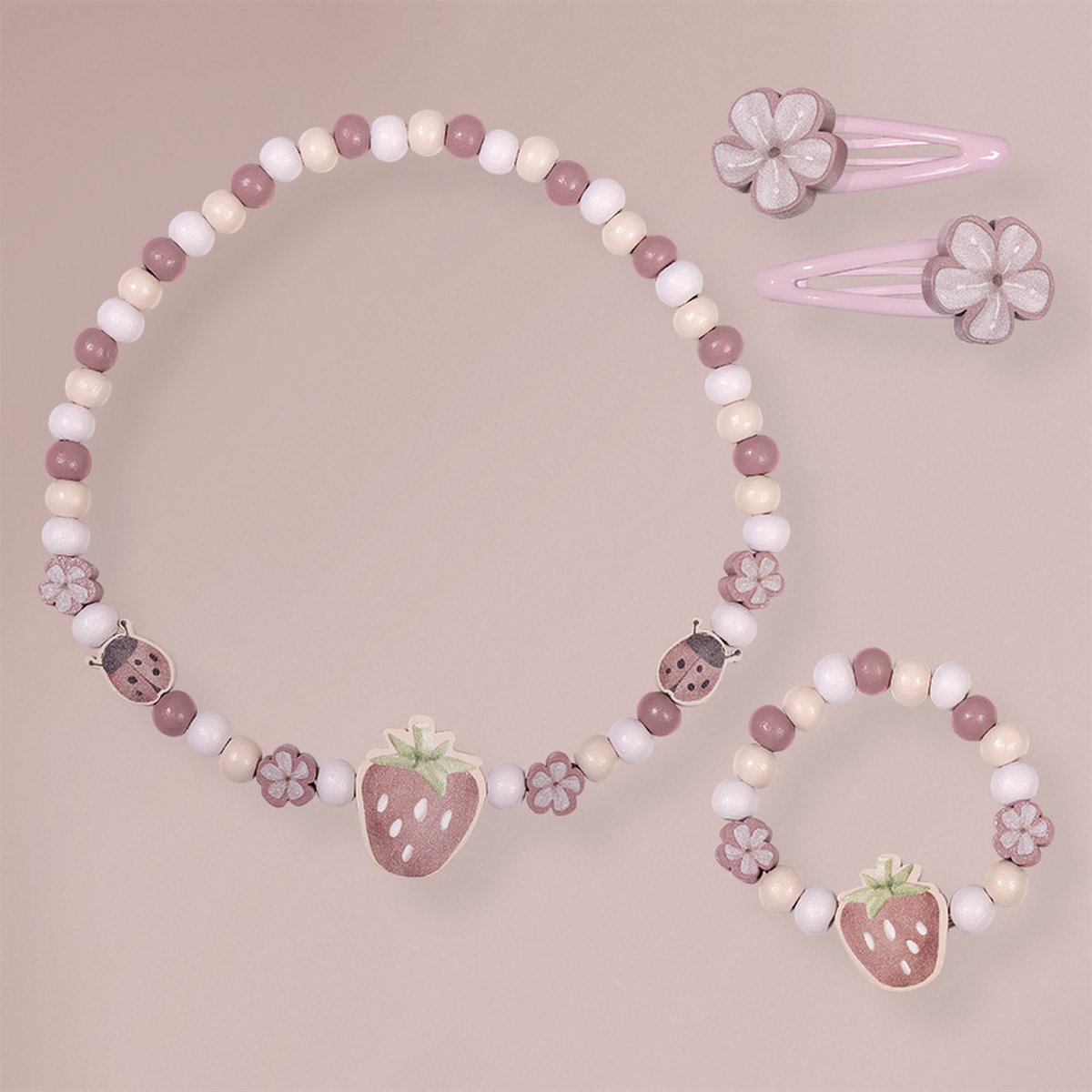 Little Dutch Parure De Bijoux En Bois Fraise Fairy Garden – Collier, Bracelet Et 2 Barrettes, Dès 3 Ans