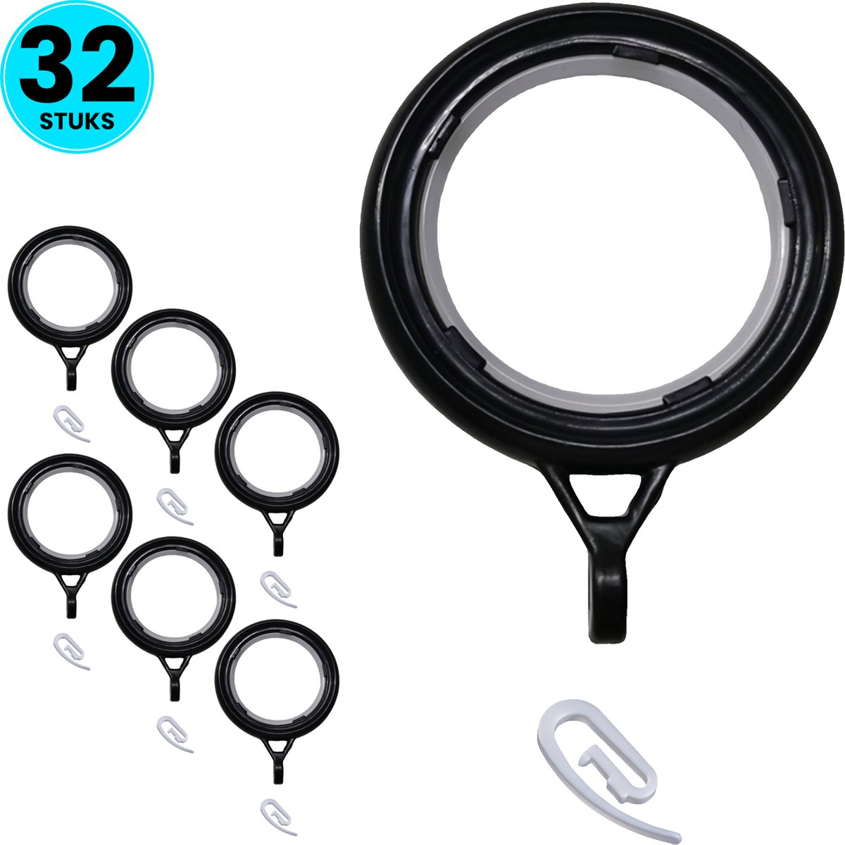 Somstyle 32x Gordijnringen met Haken - 40 mm Ringen - Gordijnhaken voor Gordijnroede - Zwart