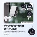 Weerbestendige beveiligingscamera: wit met zwarte voorkant, met regen, sneeuw en hitte iconen. IP66 waterdicht.