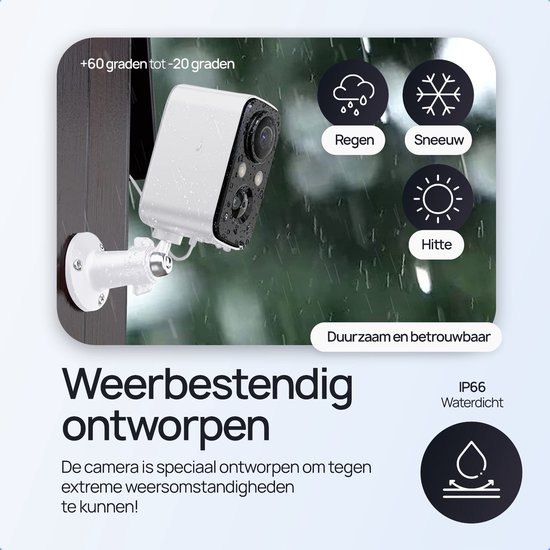 Weerbestendige beveiligingscamera: wit met zwarte voorkant, met regen, sneeuw en hitte iconen. IP66 waterdicht.