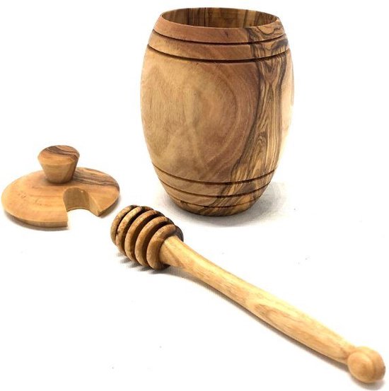Pot à Miel DOM avec Couvercle et Cuillère à Miel – Bois d'Olivier Handgemaakt (14 cm)