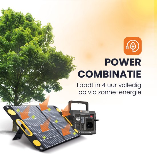 Zonnepaneel en powerstation van Heko Solar in een bosrijke omgeving. Laadt in 4 uur volledig op via zonne-energie.