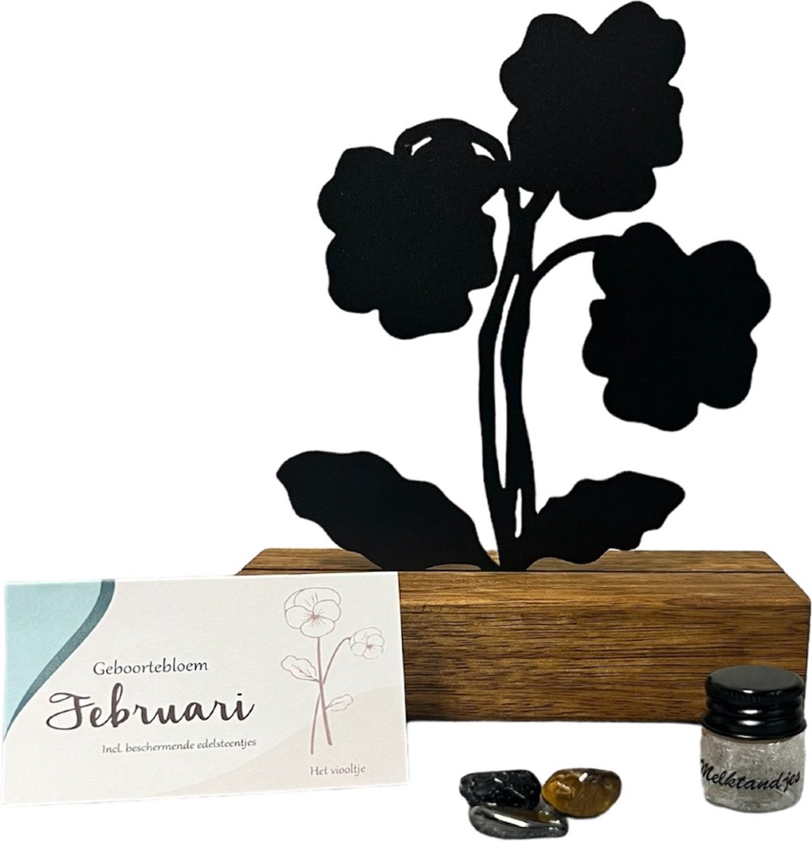 Goedkoopste Kraamcadeau - geboortebloem beeld- Februari - Viooltje - mét tandendoosje / potje / haarlokpotje en beschermende edelsteentjes - metaal in houten sokkel - uniek design