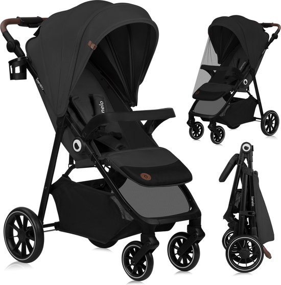 Zwarte Lionelo kinderwagen in drie weergaven: open, met muggennet en ingeklapt.