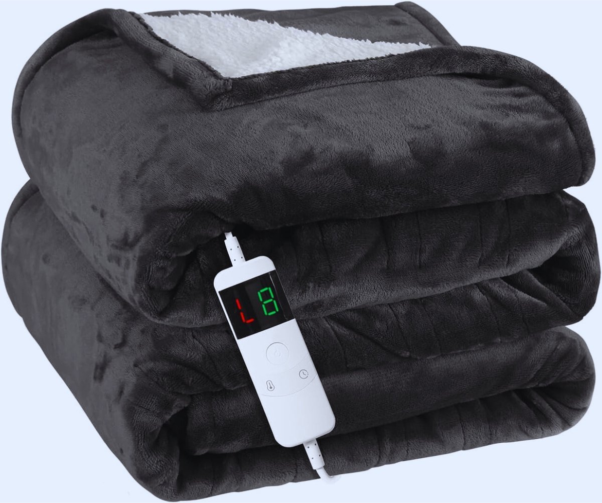 Elektrische Snelverwarmde Deken Van Zacht Flanel - 135x200 cm -10 Warmte-instellingen -Grijs