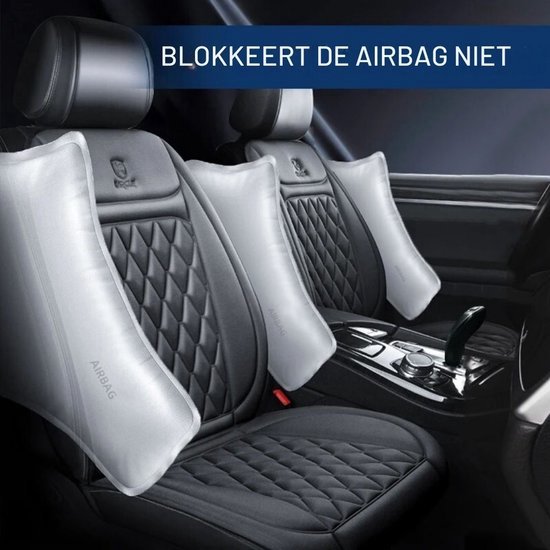 Zwarte autostoelhoezen met ruitpatroon en opgeblazen airbags aan de zijkanten.