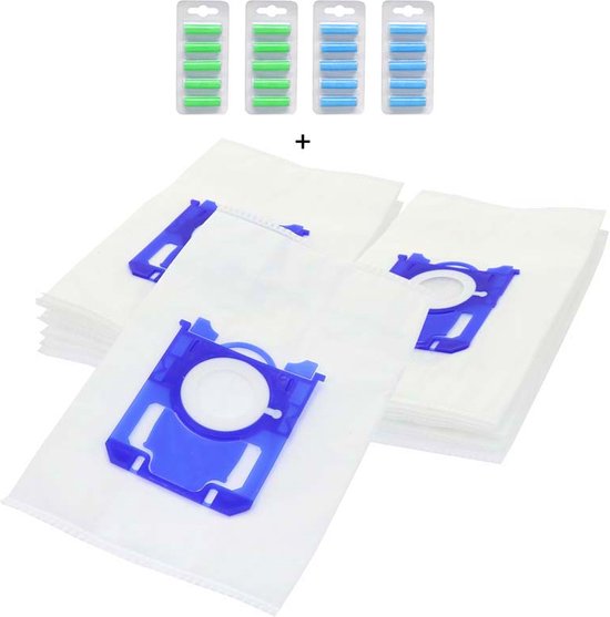 Stofzuigerzakken met blauwe sluiting en 4 pakjes met groene en blauwe geurstaafjes.