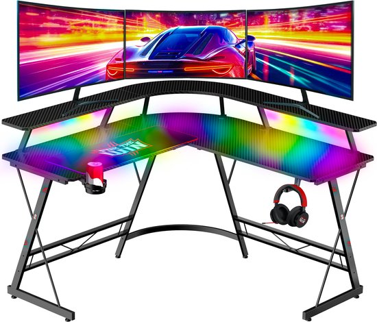 For The Win L Vormig Hoekbureau – 130x130x75 cm – Game Bureau met LED Verlichting – Gaming Bureau – Computertafel – Incl. Gaming Muismat – Game Desk – Gaming Bureaus