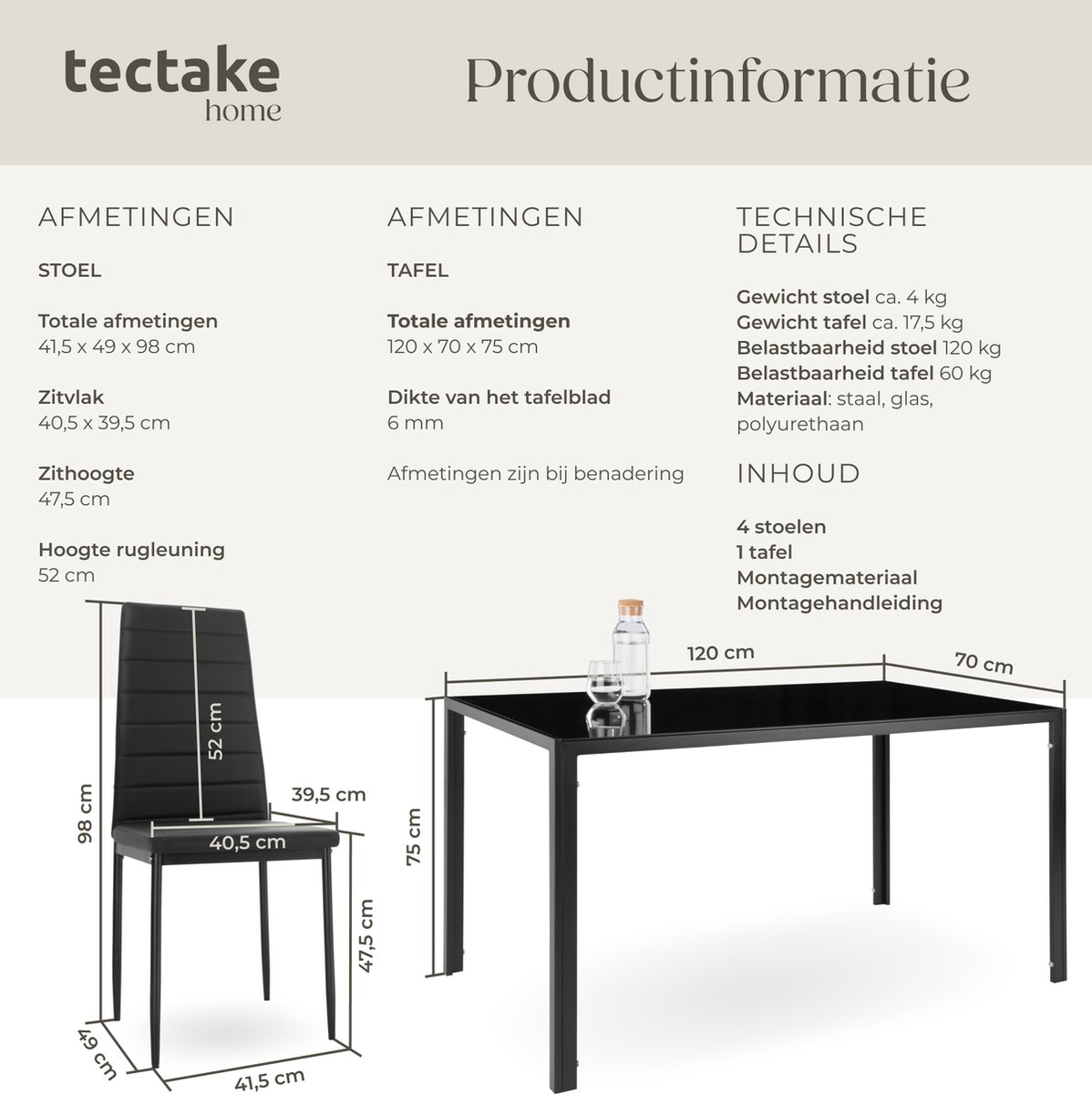 tectake® Eetkamerset met 4 Eetkamerstoelen - Eettafel met glazen blad - 120 x 70 x 75 cm - Eethoek set Tafel en Stoelen - Set van 4 Stoelen met kunstleer - Zwart – foto 2