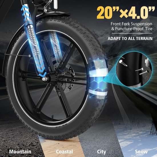 ECORUSH Elektrische Fiets ECO R6 - Trendy 20*4.0 Inch Fat Tire City Commuter EBike met Afneembare 48V 15.6Ah Lithium Batterij - Mountain E-Bike met 250W Motor - 7 Versnellingen - IP54 Waterdicht van ECORUSH — afbeelding 3