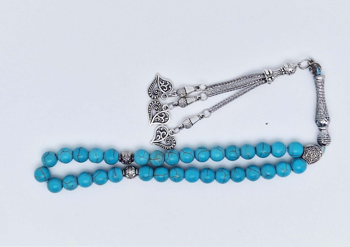 Handgemaakte tesbih klassiek - "Tasbih" natuursteen "Turkoois" - Aantal kralen 33 - Diameter kralen 8 MM - met metaal tassel "Harten" - Een mooi cadeau-idee