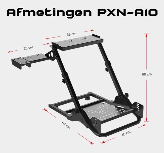 Zwarte racefietsstandaard met afmetingen 64x46x60cm, met diverse montageplaten en verstelbare steunen.