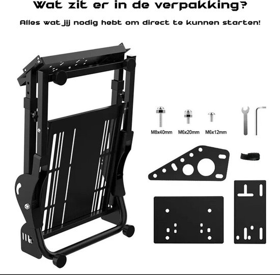 Ingeklapte zwarte racefietsstandaard met montageonderdelen zoals schroeven en een inbussleutel.
