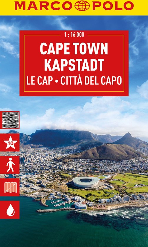 Kaart van Kaapstad met "Marco Polo" logo en "1:16 000 CAPE TOWN KAPSTADT LE CAP CITTÀ DEL CAPO" in rood kader.
