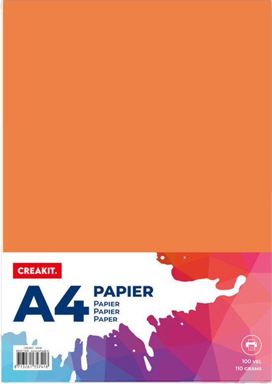 Papier A4 CREAKIT., 100 feuilles, 110 grammes, orange.